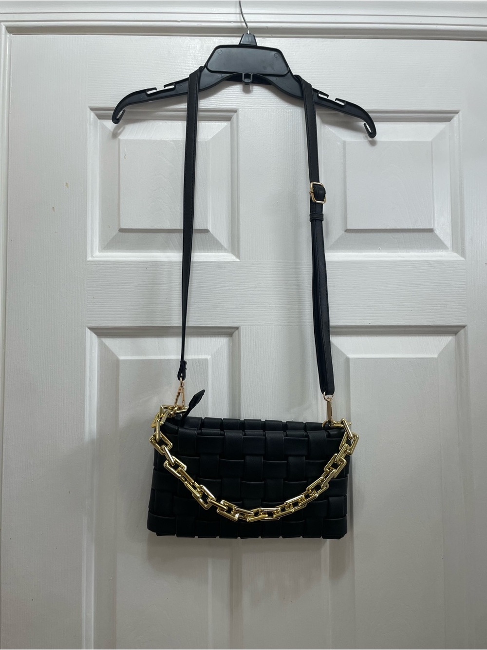 Black Woven Crossbody Bag with Gold Chain Accent